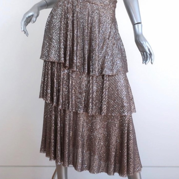 Anthropologie Farm Rio Gold Sequin Tiered Ruffle Midi Skirt Size Large - Picture 2 of 16